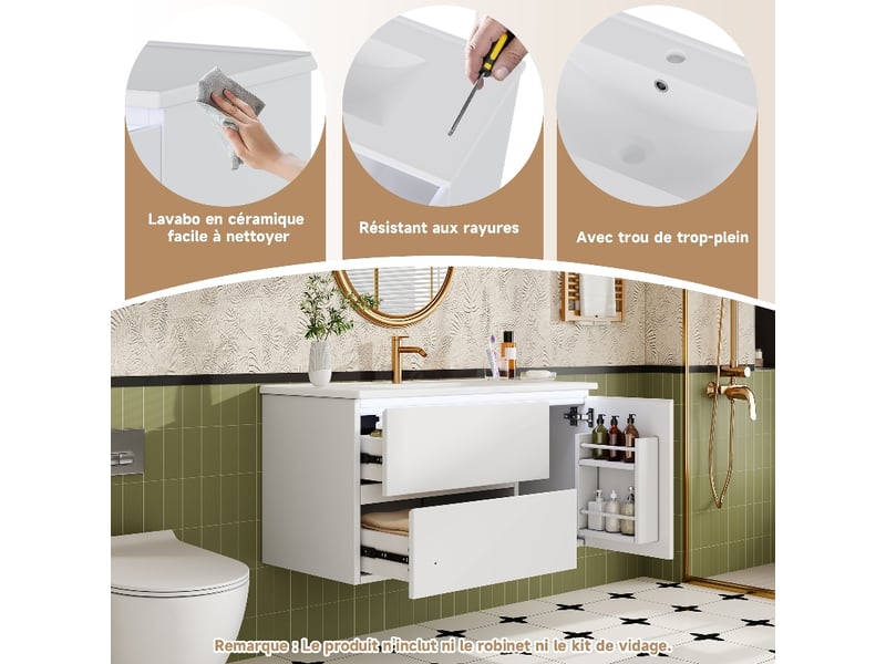  Meuble salle de bain suspendu 90 cm blanc laqué avec lavabo céramique et éclairage led capteur  - Conforama D