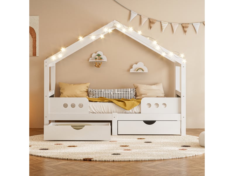 Cadre de lit, lit enfant 90x200 cm, tiroirs intégrés, bois blanc  - Conforama E