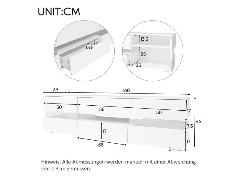  Meuble tv blanc brillant 160 cm avec éclairage led, 2 portes, tiroir et niche ouverte pour téléviseur jusqu’à 70 pouces  - Conforama C
