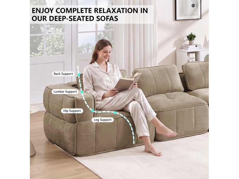 Canapé d'angle modulable 3 places avec pouf, en polyester sable - Conforama D