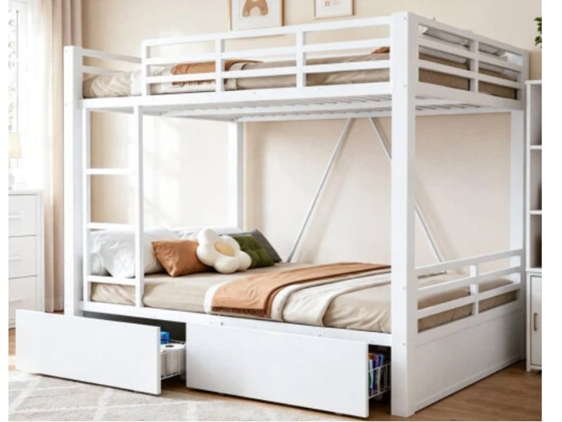  Lit superposé 140 × 200 cm, métal et bois, 2 tiroirs de rangement, échelle intégrée, barrières de protection, blanc  - Conforama B