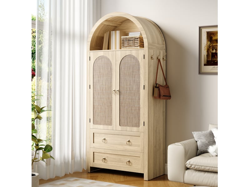 Buffet et enfilade avec 2 portes en rotin, 2 tiroirs, étagères réglables et crochets pour salon en mdf chêne clair - Conforama B