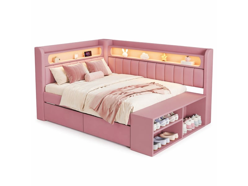  Lit avec rangement 90x200 cm rose avec led, usb, 2 tiroirs et meuble à chaussures  - Conforama A