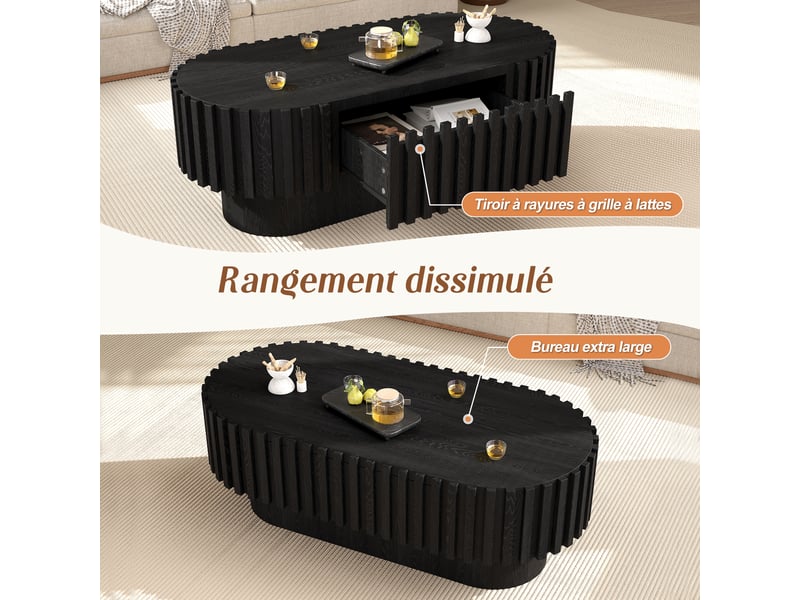 Table basse ovale 100 x 50 x 35,5 cm avec tiroir et lattes verticales, coins arrondis, charge max. 20 kg, mdf, noir OMNIGLINT TRADING LTD - Conforama E