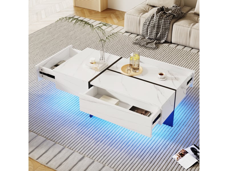 Table basse effet marbre blanc brillant avec led contrôlable par application, 3 tiroirs, 100x50x34.5 cm  - Conforama D