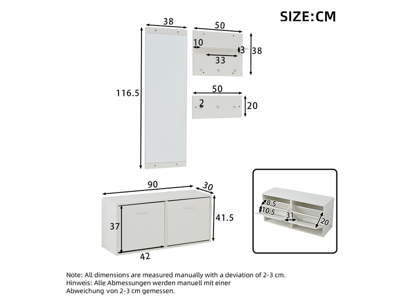 Meuble d’entrée 4 pièces blanc, banc à chaussures 90 x 30 x 41,5 cm, miroir mural et 2 porte-manteaux avec 6 patères - Conforama C