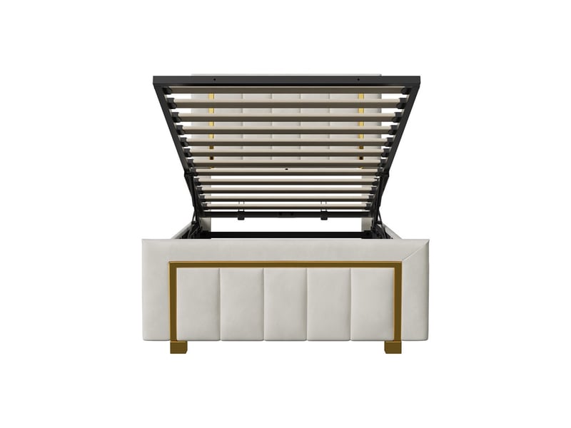  Lit 90x200 cm - lit coffre 90x200 cm - lit simple capitonné avec tête de lit réglable et liseré doré - velours beige  - Conforama A