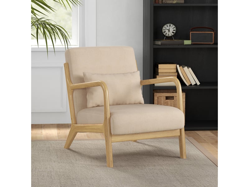  Fauteuil lounge en tissu aspect velours beige et bois d'hévéa 61x78x76 cm  - Conforama B