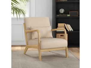 Fauteuil lounge en tissu aspect velours beige et bois d'hévéa 61x78x76 cm