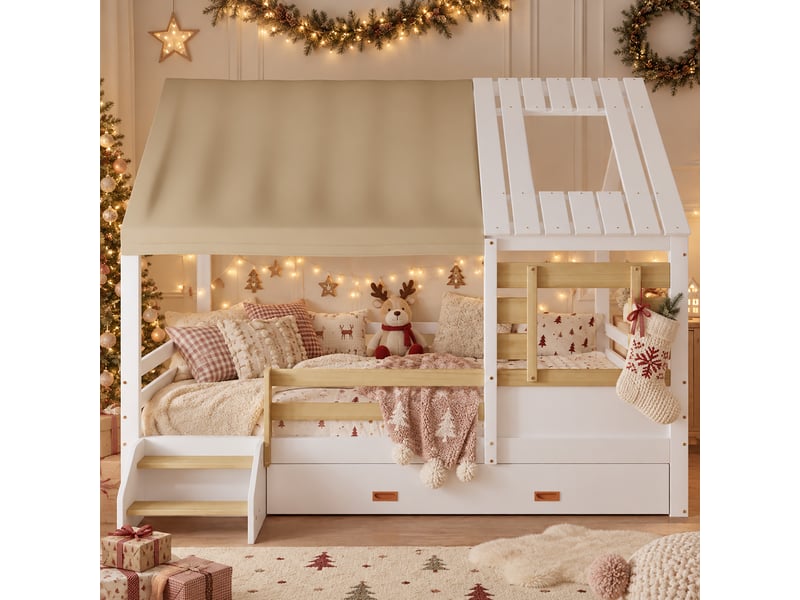 Lit cabane 120x200 cm, lit enfant en bois blanc et naturel, toit en tissu amovible, fenêtres, grand tiroir de rangement et garde-corps 4 côtés - Conforama B