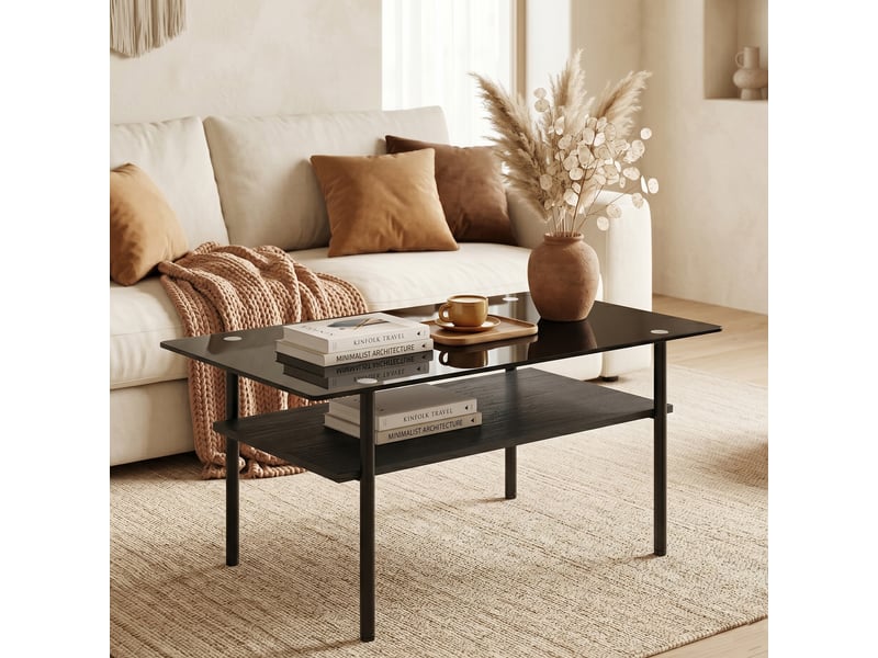 Table basse rectangulaire à 2 niveaux avec plateau en verre et étagère mdf pour salon noire - Conforama C