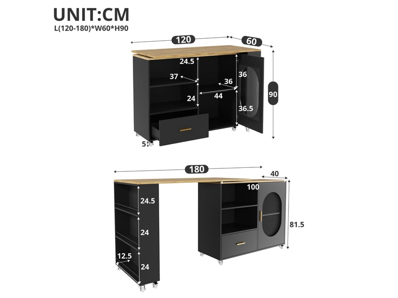  Îlot de cuisine 120x60x90 cm extensible avec 1 porte et 1 tiroir en plateau pivotant et mdf couleur naturel et noir  - Conforama C