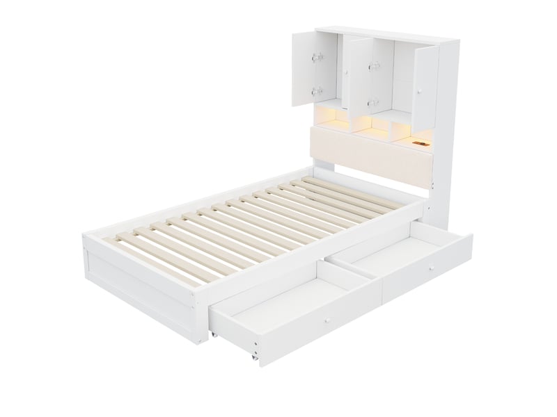  Lit multifonctionnel en bois 90 × 200 cm avec tête de lit rembourrée, rangements intégrés, étagères, éclairage led, prise électrique, tiroirs et sommier à lattes, blanc  - Conforama W