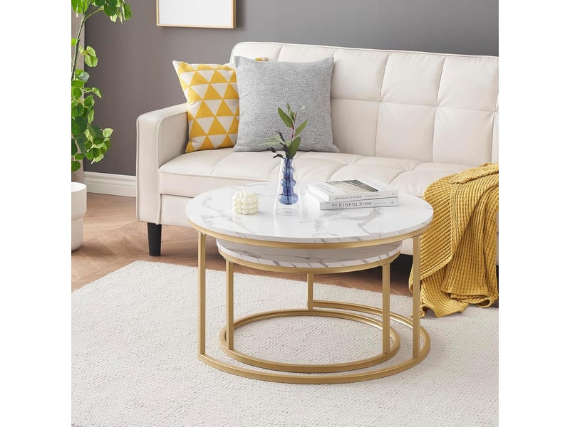  Ensemble de 2 table basse gigogne ronde 80x80x4560x60x33.5 cm, blanc et dore  - Conforama B