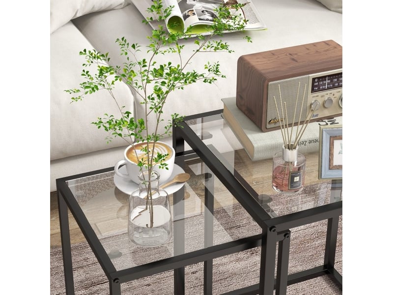  Tables gigognes de salon avec 2 tables, structure empilable, plateau en verre trempé et pieds en acier, noir  - Conforama E