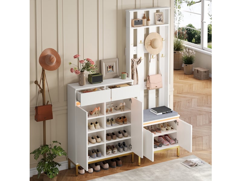 Meubles d'entrée avec meuble à chaussures, banc, crochets, étagères et led pilotées par application pour hall blanc - Conforama E