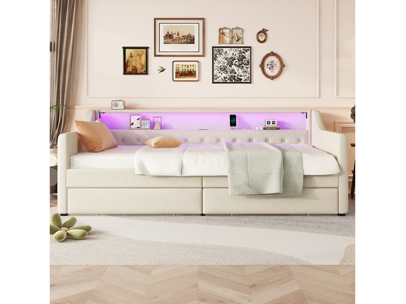  Modenvie lit banquette 90x200 cm - led avec telecommande, port usb et 2 tiroirs, sans matelas - beige  - Conforama E