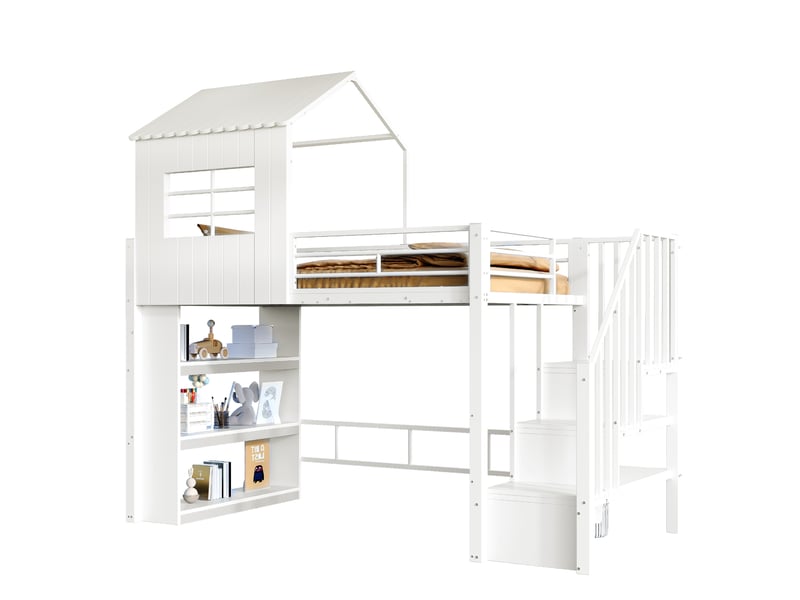  Lit mezzanine enfant 90x200 cm, forme maison, escalier réversible et rangements  - Conforama A