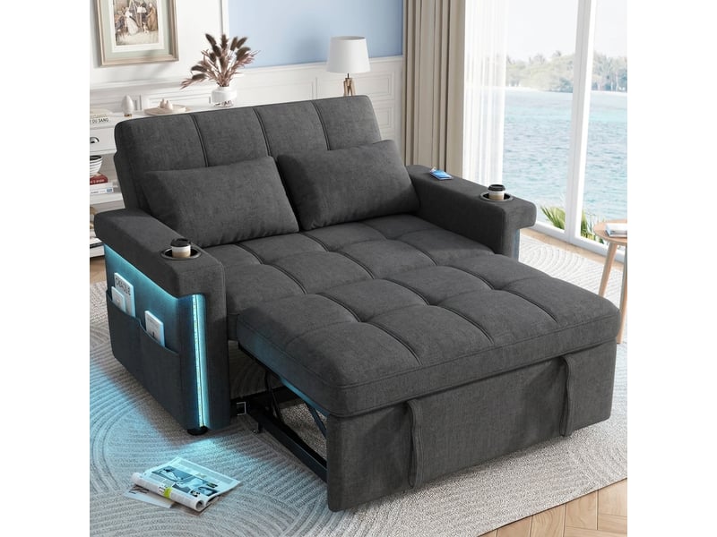 Canapé convertible 2 places avec led et ports usb, dossier réglable, tissu chenille gris - Conforama B