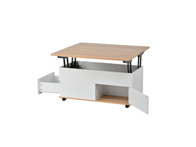  Table basse relevable avec rangement caché, blanc et bois naturel, 100 x 98 x 65 cm, à roulettes et tiroirs  - Conforama D