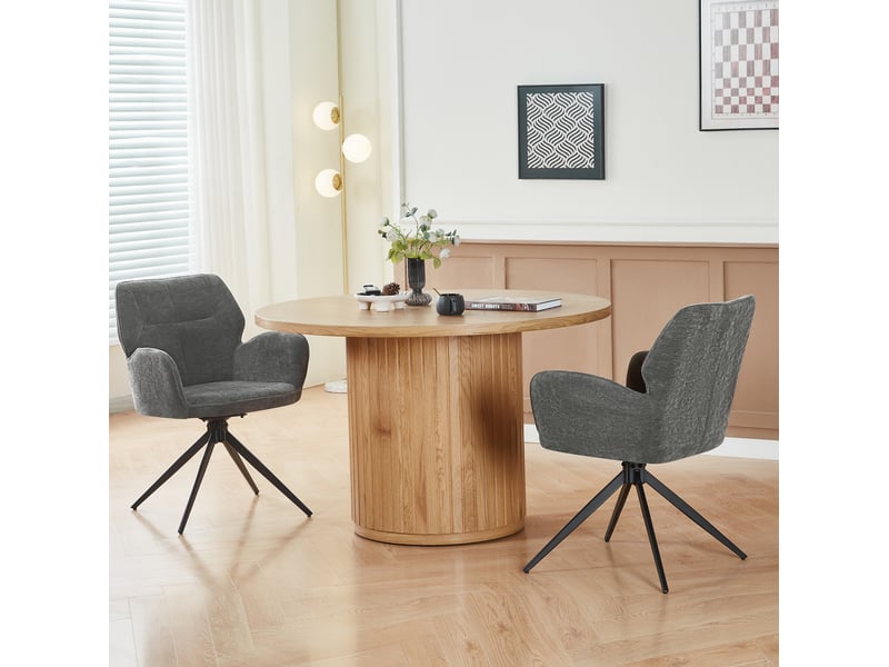  Lot de 2 chaises de salle à manger pivotantes avec accoudoirs en tissu chenille gris foncé et métal  - Conforama D