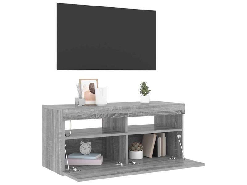  Meuble tv - banc tv - meuble de rangement avec lumières led sonoma gris 90x35x40 cm  - Conforama D