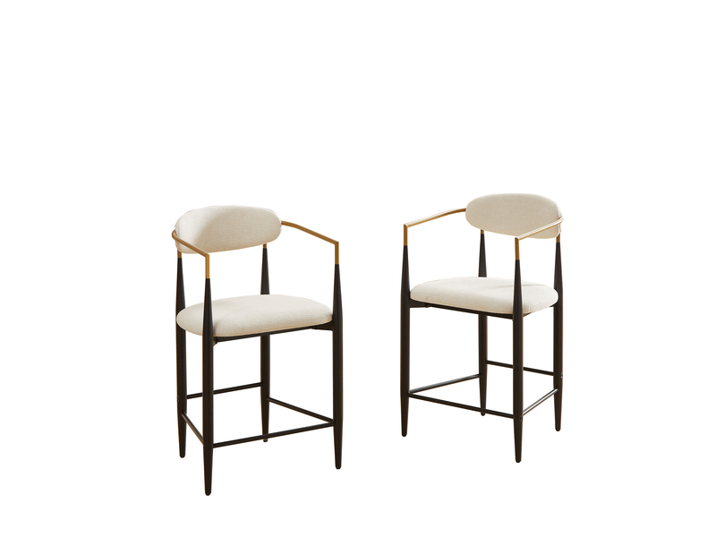 Tabouret de bar lot de 2 avec accoudoirs, dossier rembourré et pieds réglables, en tissu beige, noir et doré - Conforama A