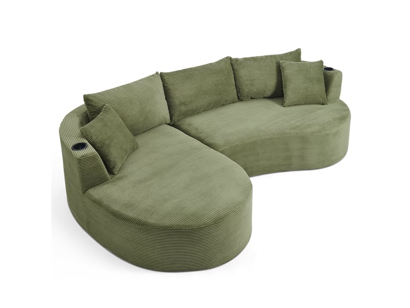 Canapé 3 places méridienne gauche design incurvé velours côtelé avec porte-gobelet vert - Conforama A
