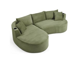 Canapé 3 places méridienne gauche design incurvé velours côtelé avec porte-gobelet vert