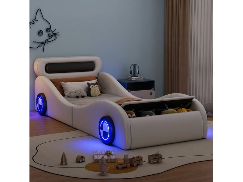  Lit enfant voiture 90x200 cm blanc en cuir régénéré, roues lumineuses réglables et rangement, sans matelas  - Conforama E