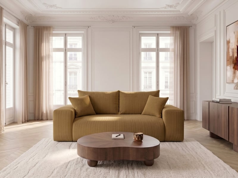  Bobochic canapé droit convertible ouverture express voltaire tissu velours côtelé jaune 140x200 VOLTAIRE - Conforama B