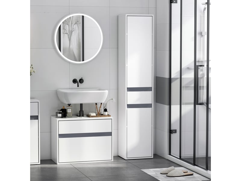  Meuble colonne rangement salle de bain placards 3 style contemporain 2 étagères et tiroir coulissant panneaux particules blanc  - Conforama D