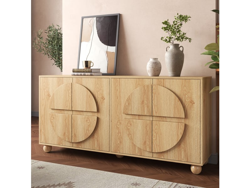  Buffet 4 portes 160x38x76 cm, relief circulaire, mdf et bois, naturel  - Conforama D