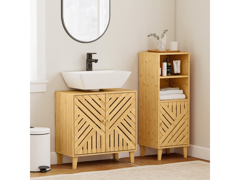  Meuble sous-évier en bambou naturel avec 2 portes à lattes et étagère réglable pour lavabo sans colonne 60 x 30 x 60 cm  - Conforama D