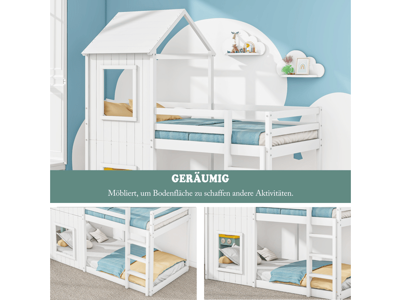  Lit cabane enfant 90x200 avec toit et échelle, lit superposé en bois massif pour fille et garçon blanc, cadre inclus, charge 120kg.  - Conforama E