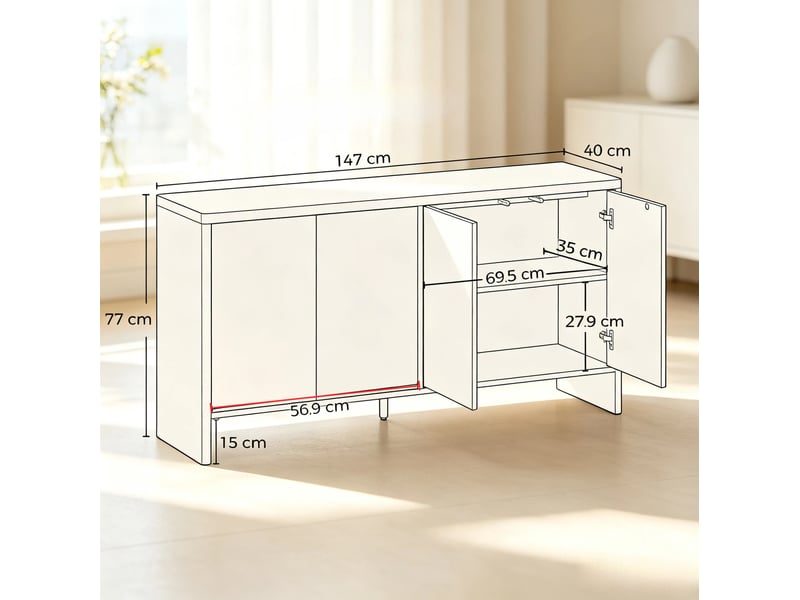  Buffet bas 4 portes en mdf décor chêne clair avec étagères réglables et ouverture par pression  - Conforama C