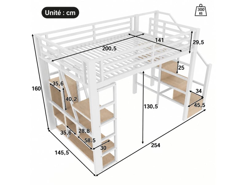 Lit mezzanine 140 x 200 cm avec rangements et escalier intégré, led multicolores, structure en métal et mdf, blanc - Conforama C