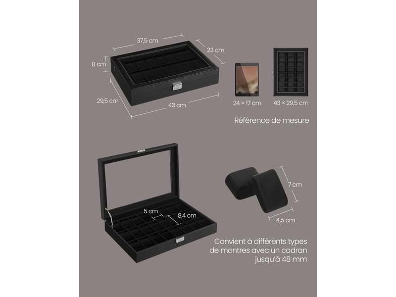  Boîte de rangement pour 24 montres 29,5 x 43 x 8 cm finition élégante en mdf noir 12_0008913  - Conforama B