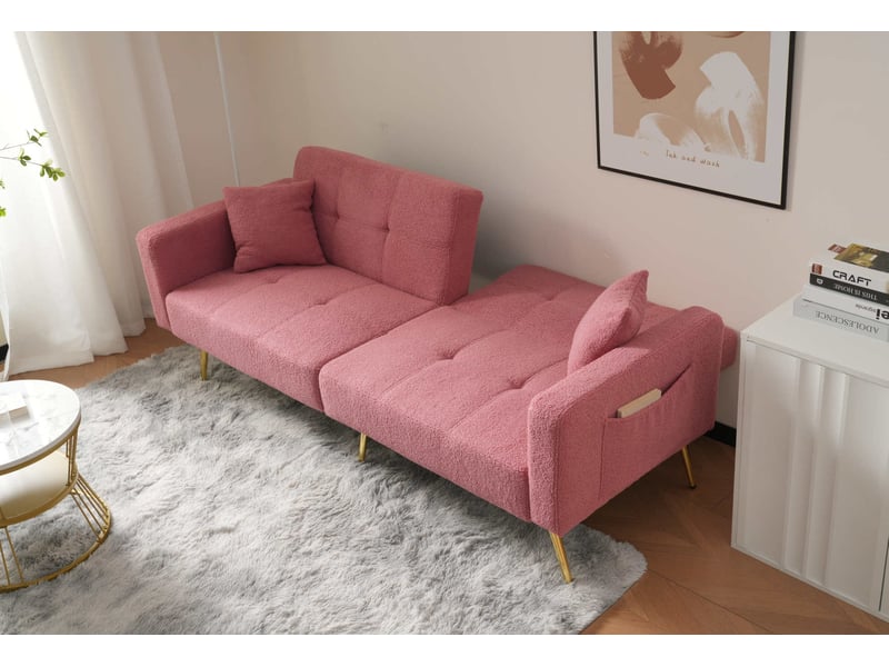 Canapé droit 2 pl convertible, clic clac, style simple, canapé confort, pied en métal, tissu bouclette rose - Conforama D
