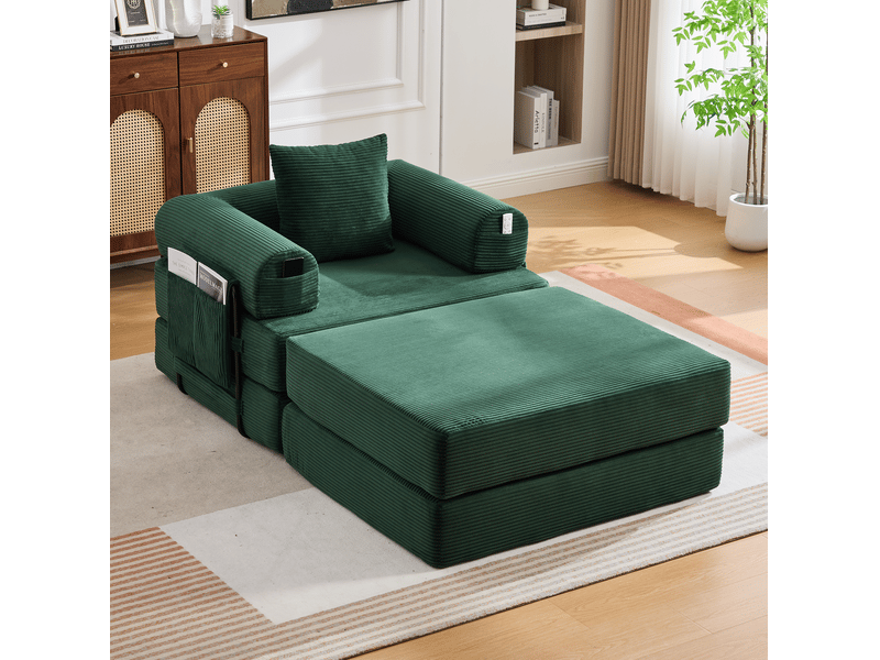  Fauteuil avec pouf ulevr modulable en velours côtelé, coussin et poche latérale, vert émeraude, 112 x 190 x 67 cm  - Conforama B