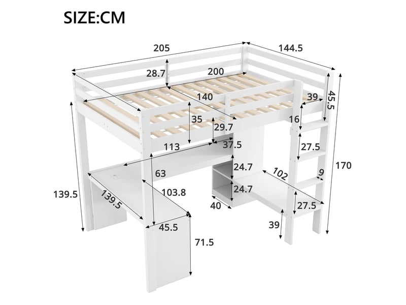 Lit enfant 140 x 200 cm lit double étagères multifonctions bureau sous le lit éclairage led port usb blanc - Conforama C