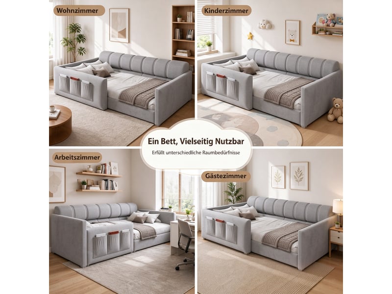  Lit banquette enfant 90x200 cm avec poches latérales de rangement, lit simple à dossier épais rembourré, sommier à lattes, velours, gris Morn Vibe - Conforama E