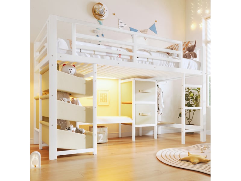 Lit mi-hauteur 90x200 cm avec led multicolore, rangements et assise, blanc - Conforama E