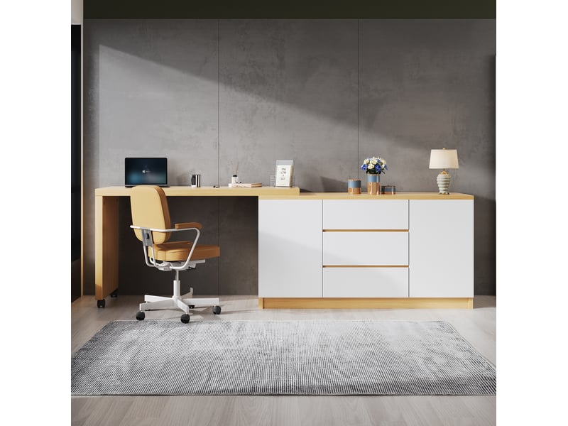  Bureau pivotant à 360 degrés, bureau d'angle modulable avec tiroirs, bureau blanc et chêne pour espace de travail.  - Conforama E