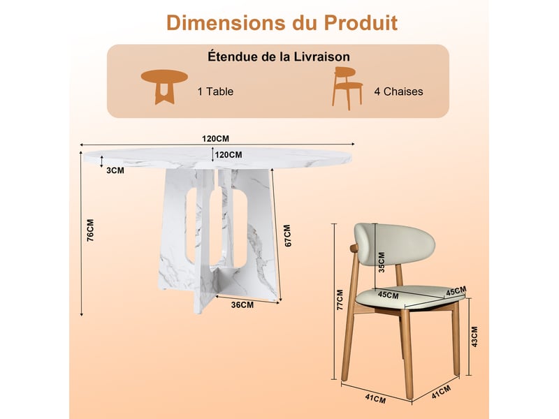  Ensemble table et 4 chaises de salle à manger pour 4 à 6 personnes avec plateau aspect marbre, en mdf blanc  - Conforama D