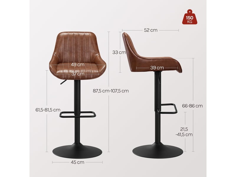  Lot De 2 Tabourets Bar Réglable En Hauteur, Accoudoirs Et Dossier, En Faux Cuir + Métal, Brun  - Conforama C