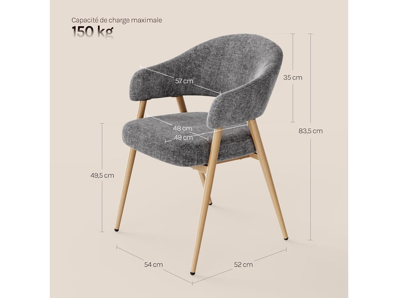  Lot de 4 chaises de salle à manger, ergonomique，pieds métalliques, siège en tissu chenille，gris  - Conforama D