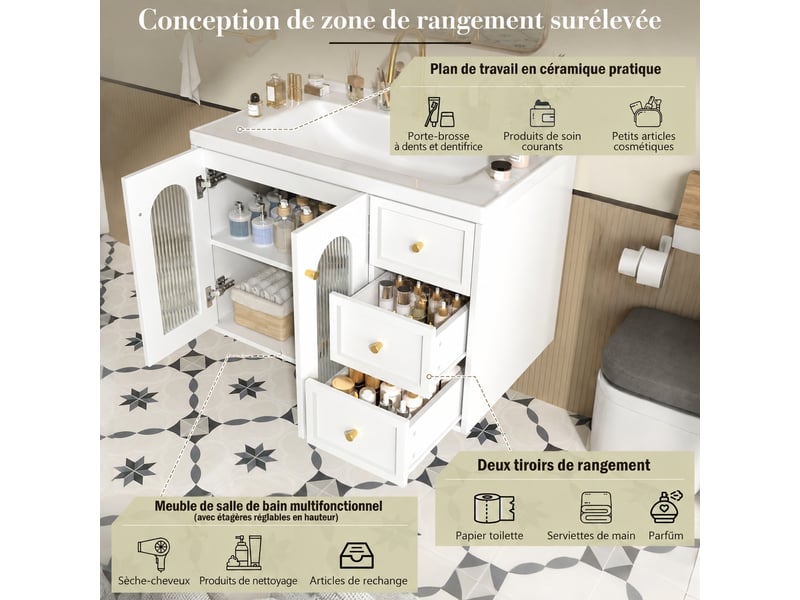  Meuble vasque suspendu 80 cm blanc en mdf avec vasque intégrée en céramique  - Conforama D