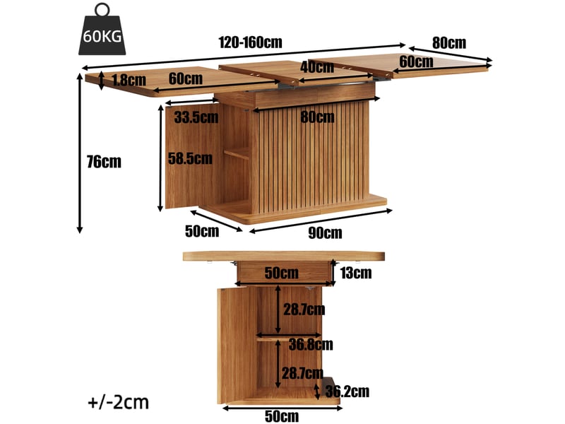  Table à manger extensible avec rangement 160x80x76 cm marron foncé  - Conforama C