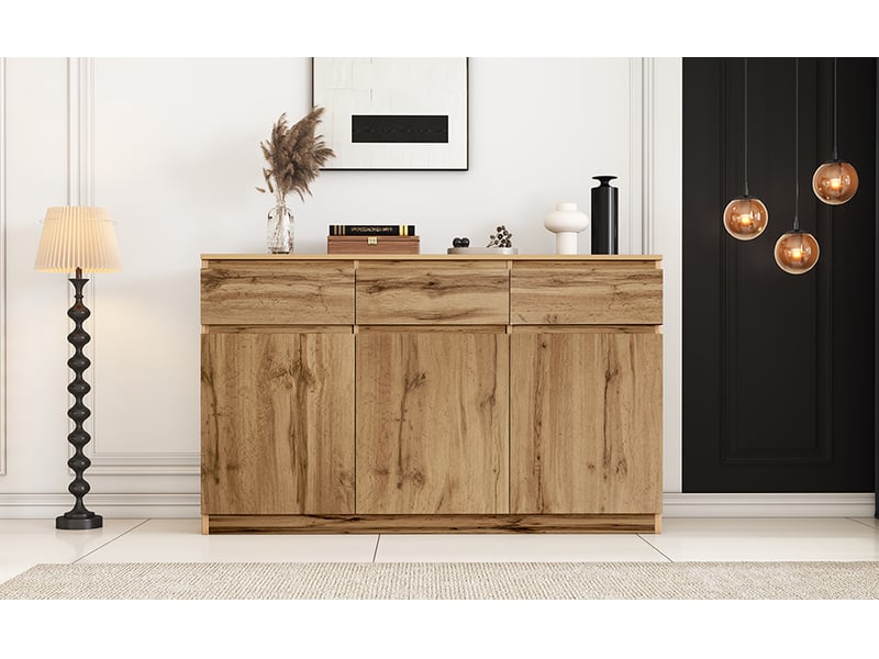 Buffet en bois avec 3 portes et 3 tiroirs, bahut pour salon ou salle à manger, finition bois naturel et poignées dissimulées - Conforama W